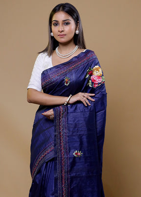 Blue Tussar Silk Saree With Blouse Piece