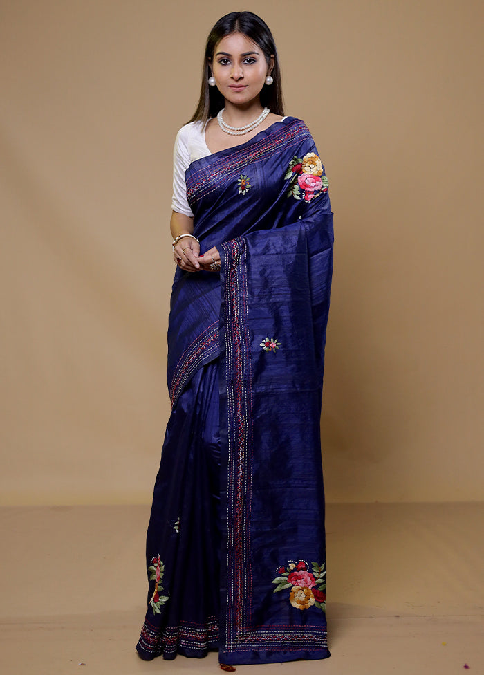 Blue Tussar Silk Saree With Blouse Piece