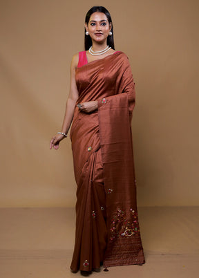 Brown Tussar Silk Saree With Blouse Piece