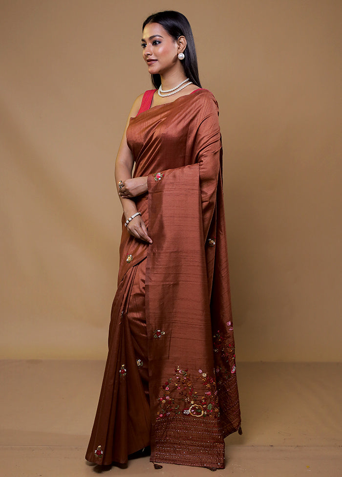 Brown Tussar Silk Saree With Blouse Piece