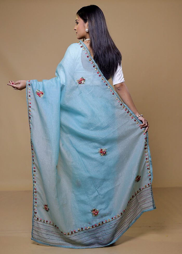 Blue Crushed Tissue Silk Saree With Blouse Piece