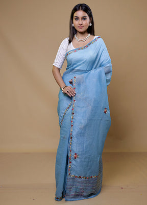 Blue Crushed Tissue Silk Saree With Blouse Piece