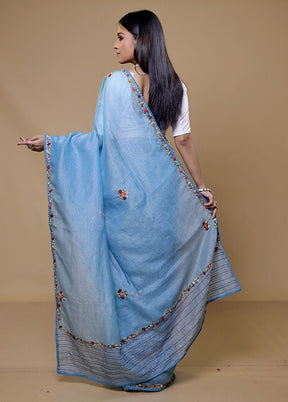 Blue Crushed Tissue Silk Saree With Blouse Piece