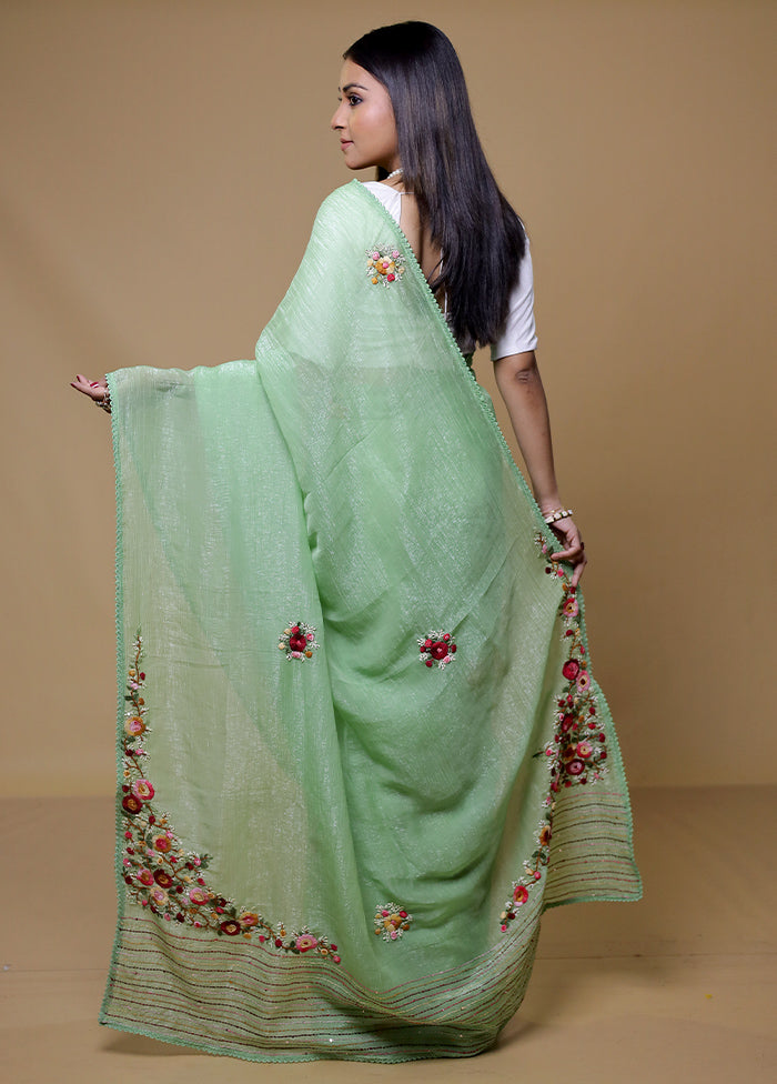 Green Crushed Tissue Silk Saree With Blouse Piece