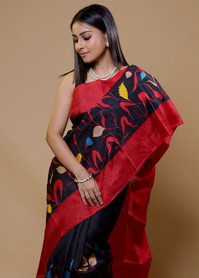 Black Printed Pure Silk Saree Without Blouse Piece