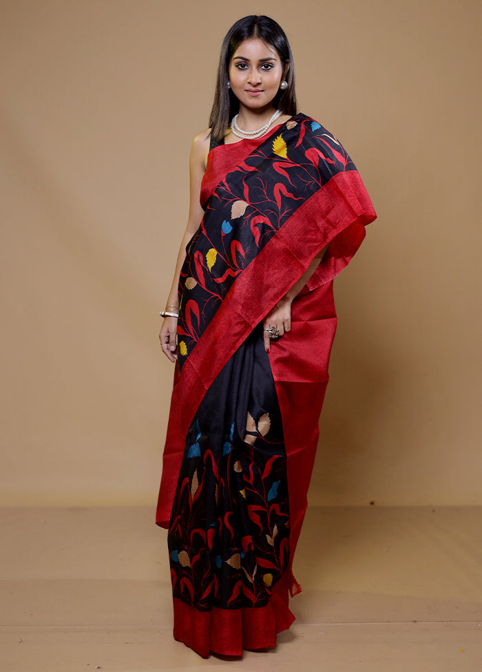 Black Printed Pure Silk Saree Without Blouse Piece