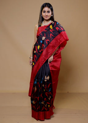 Black Printed Pure Silk Saree Without Blouse Piece