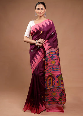 Wine Printed Pure Silk Saree Without Blouse Piece