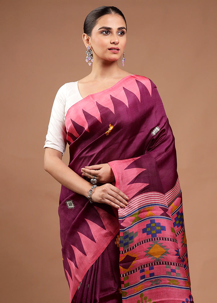 Wine Printed Pure Silk Saree Without Blouse Piece