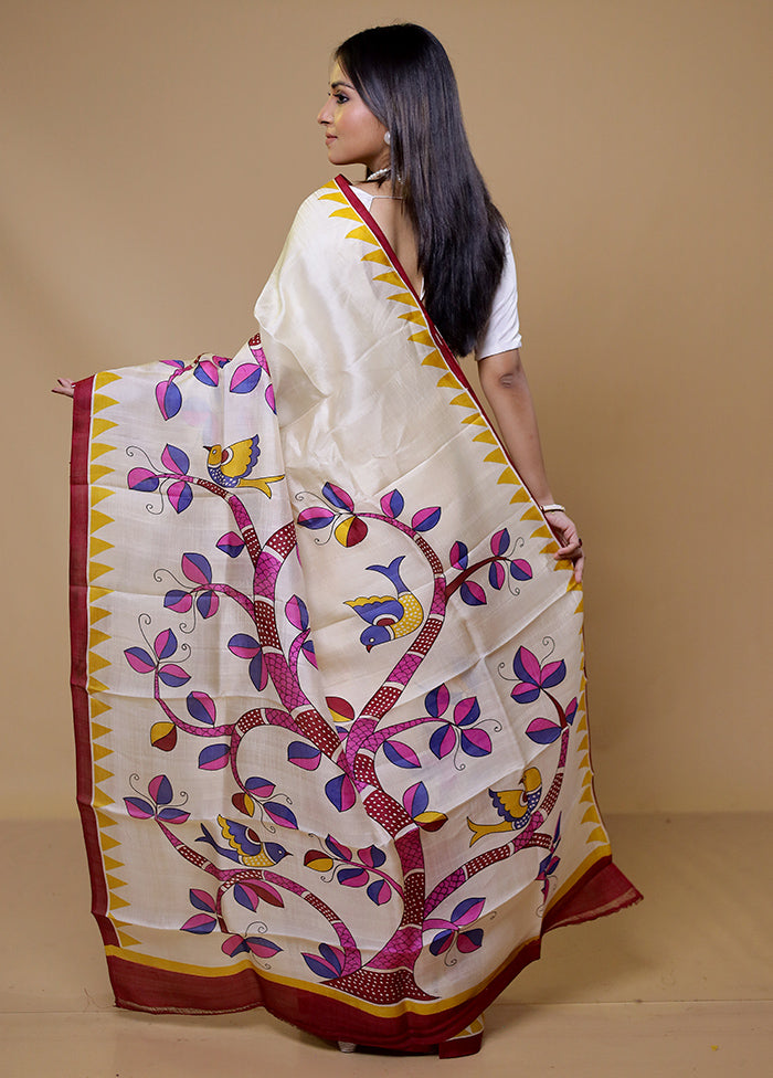 Cream Printed Pure Silk Saree Without Blouse Piece