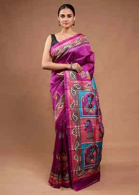 Purple Printed Pure Silk Saree Without Blouse Piece