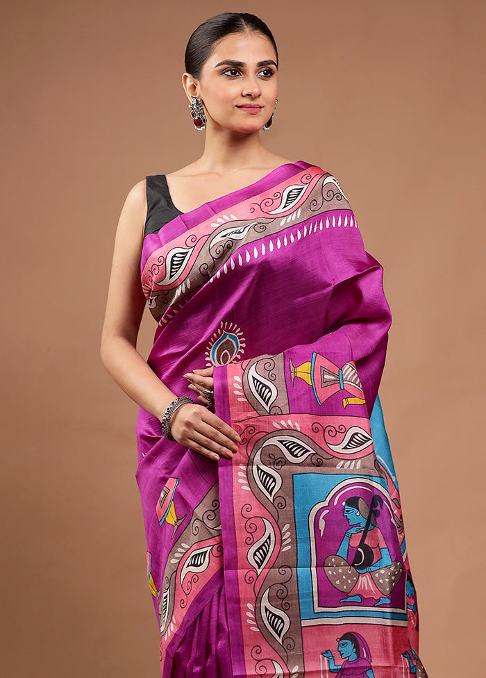 Purple Printed Pure Silk Saree Without Blouse Piece