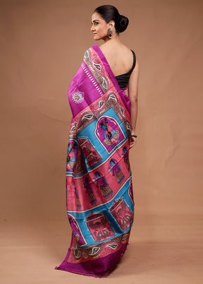 Purple Printed Pure Silk Saree Without Blouse Piece