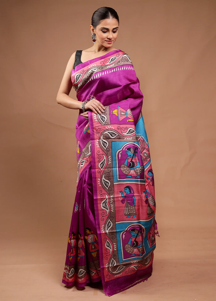 Purple Printed Pure Silk Saree Without Blouse Piece