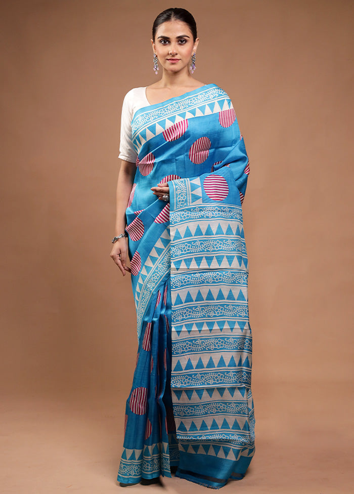 Blue Printed Pure Silk Saree Without Blouse Piece