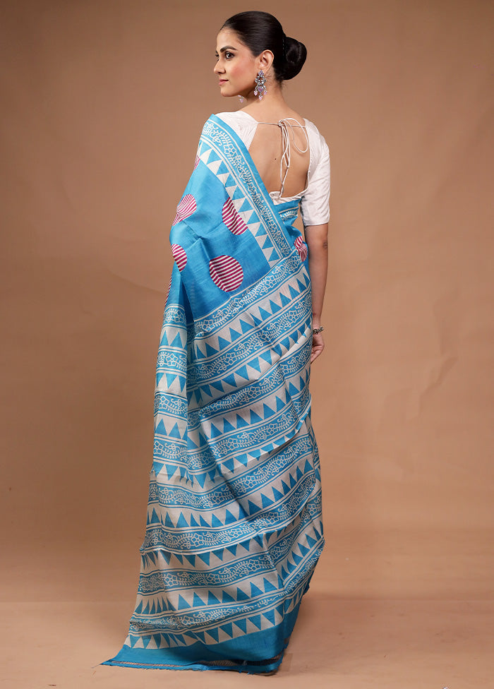 Blue Printed Pure Silk Saree Without Blouse Piece