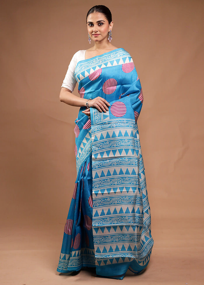 Blue Printed Pure Silk Saree Without Blouse Piece