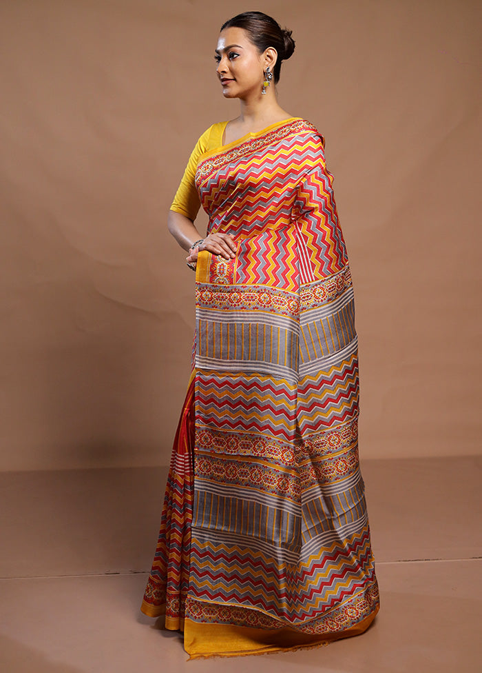 Multicolor Printed Pure Silk Saree Without Blouse Piece