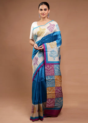 Blue Printed Pure Silk Saree Without Blouse Piece