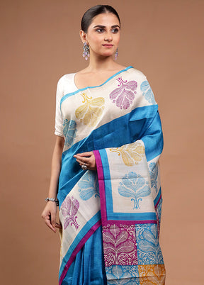 Blue Printed Pure Silk Saree Without Blouse Piece