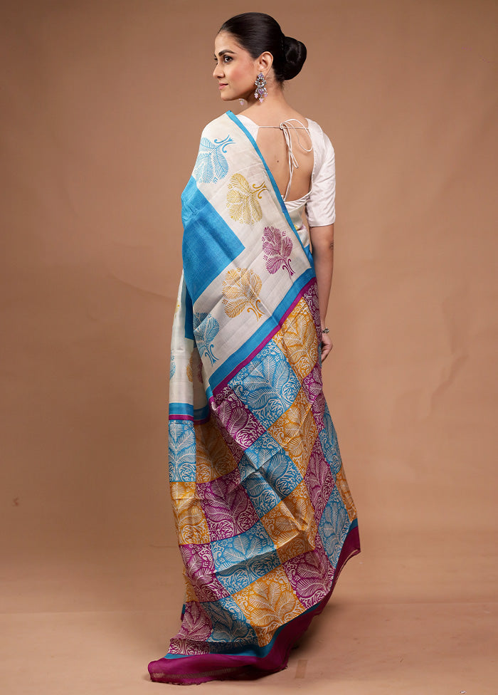 Blue Printed Pure Silk Saree Without Blouse Piece