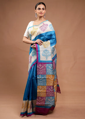 Blue Printed Pure Silk Saree Without Blouse Piece