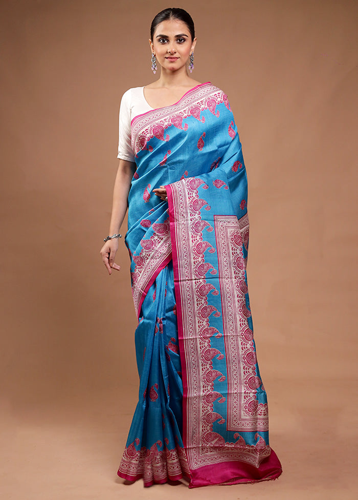 Blue Printed Pure Silk Saree Without Blouse Piece