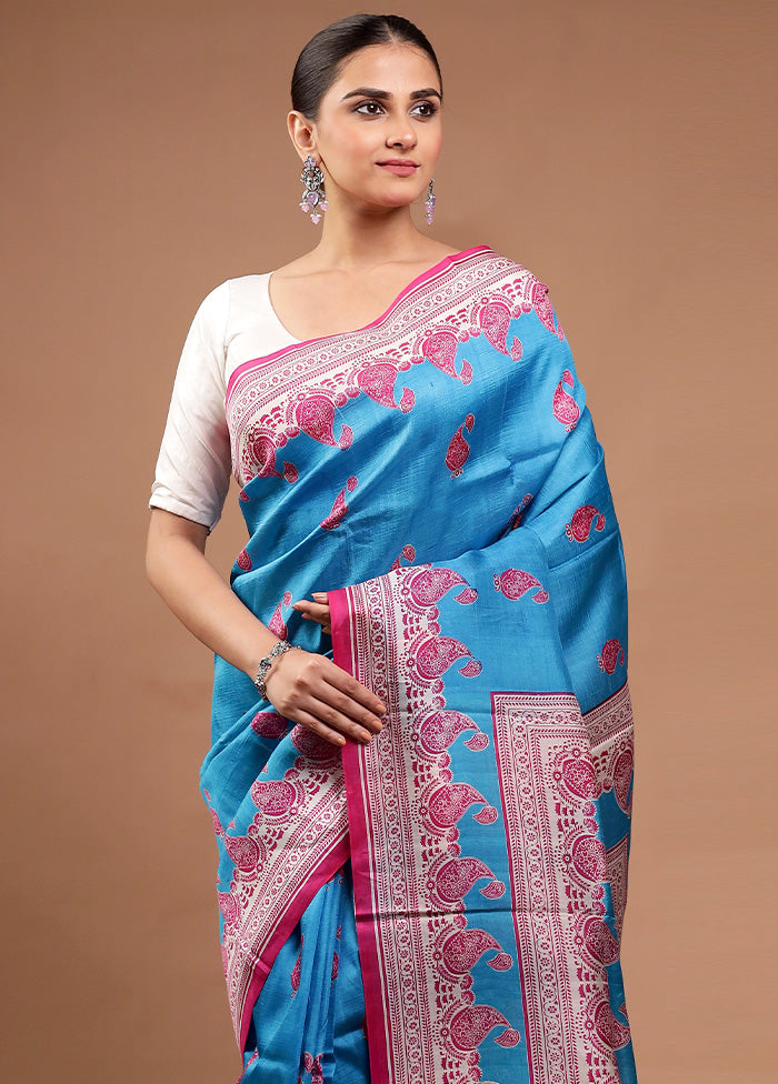 Blue Printed Pure Silk Saree Without Blouse Piece