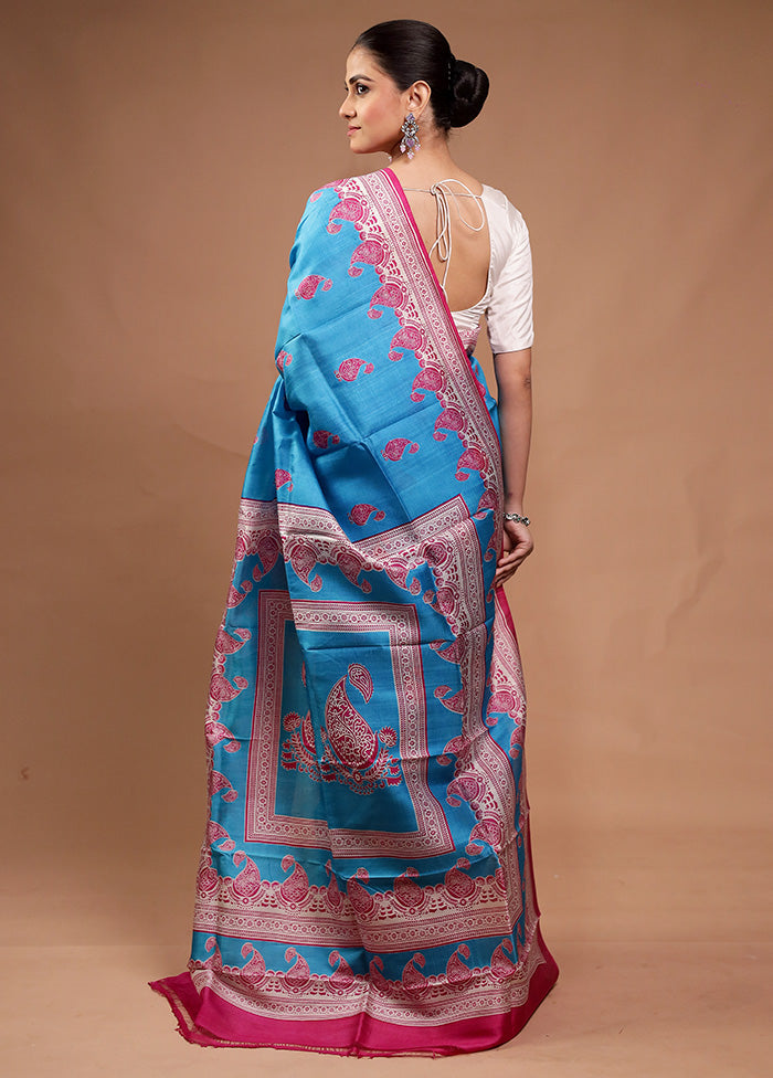 Blue Printed Pure Silk Saree Without Blouse Piece