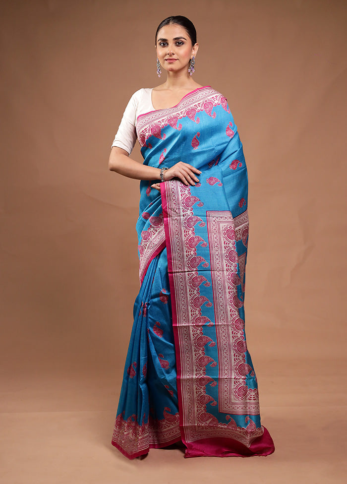 Blue Printed Pure Silk Saree Without Blouse Piece