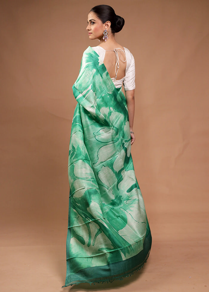 Green Printed Pure Silk Saree Without Blouse Piece