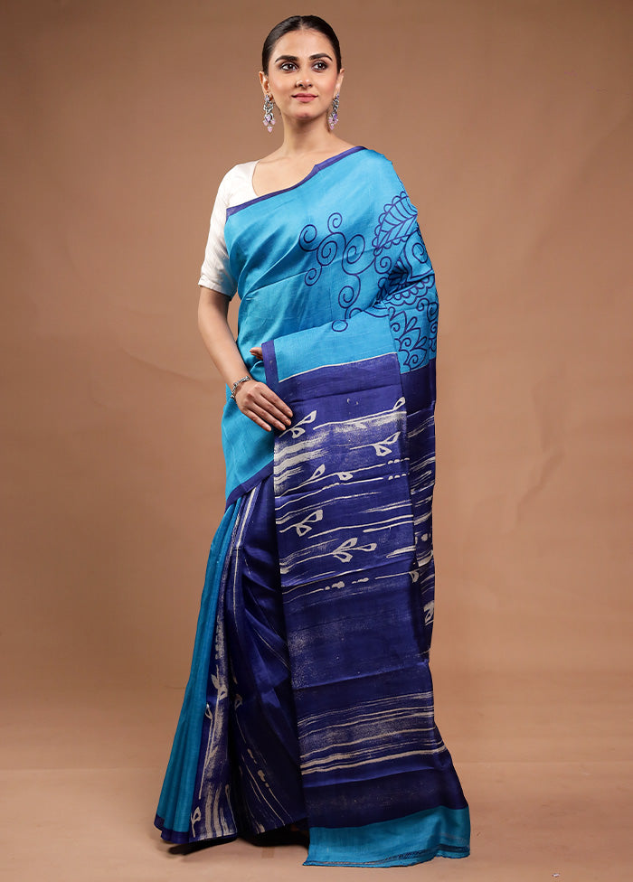 Blue Printed Pure Silk Saree Without Blouse Piece