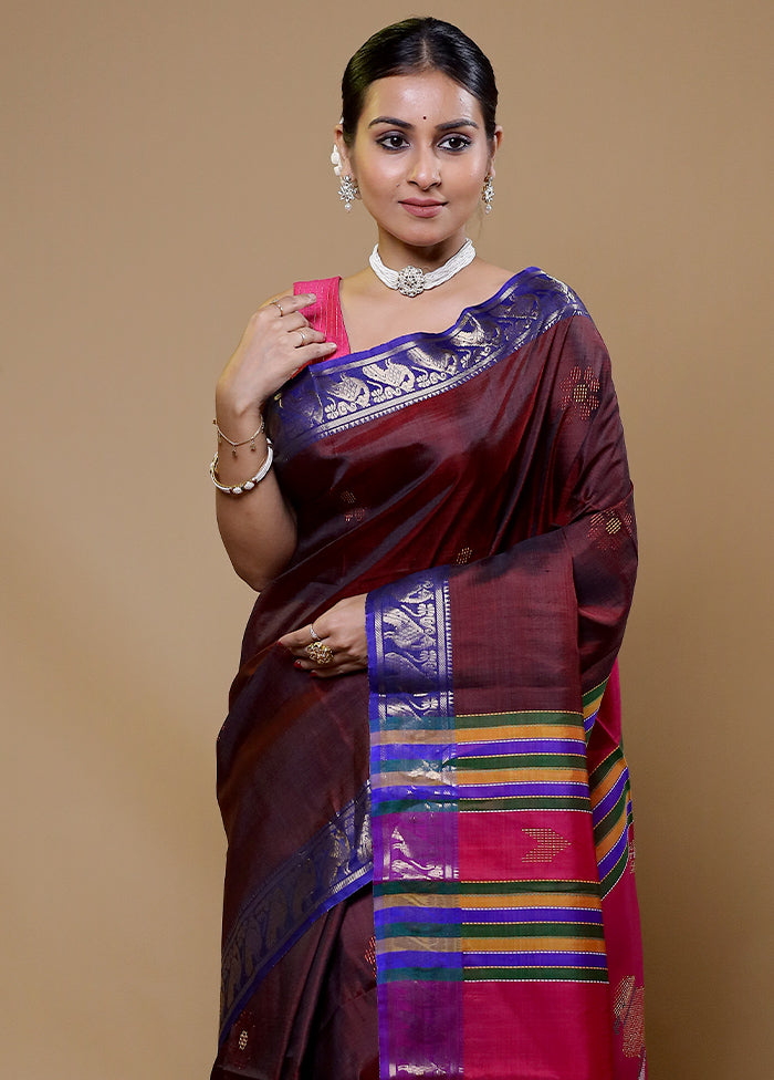 Maroon Handloom Kalakshetra Kanjivaram Pure Silk Saree With Blouse Piece