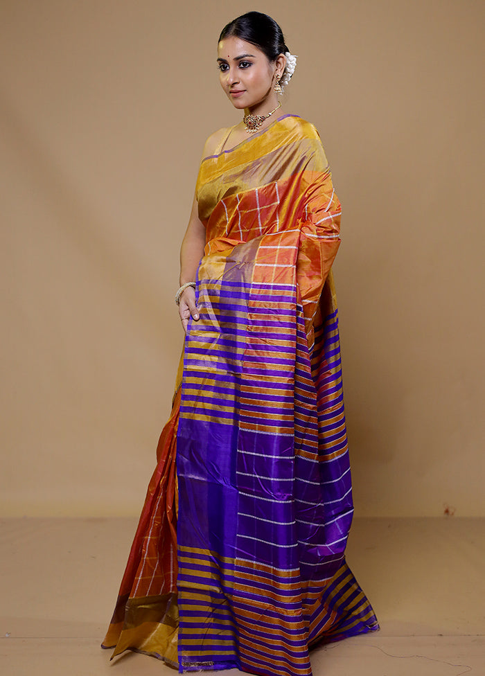 Orange Kalakshetra Kanjivaram Silk Saree With Blouse Piece