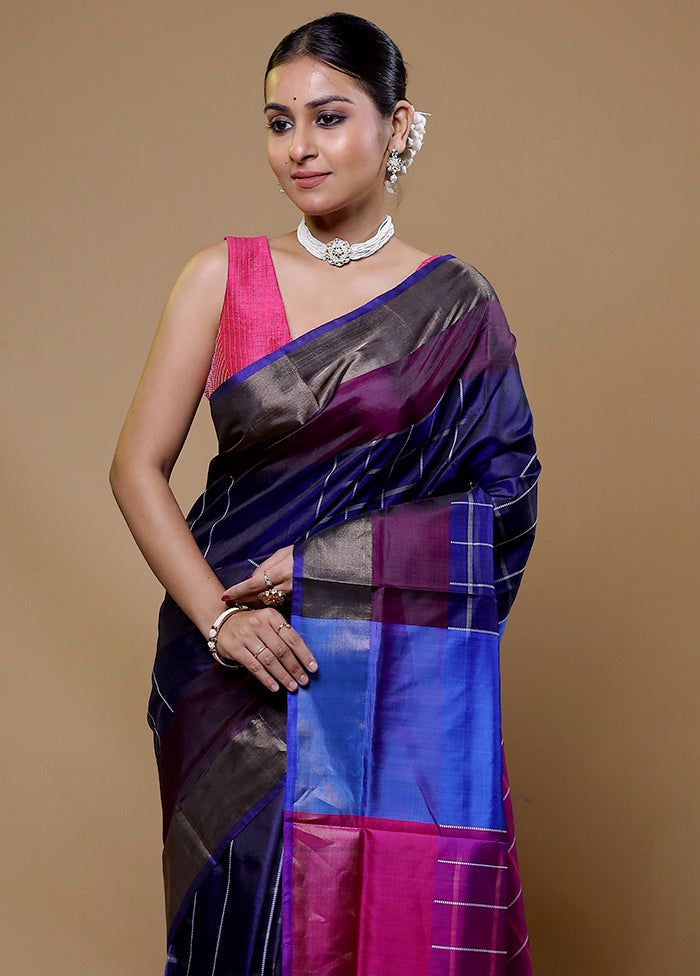 Blue Kalakshetra Kanjivaram Silk Saree With Blouse Piece