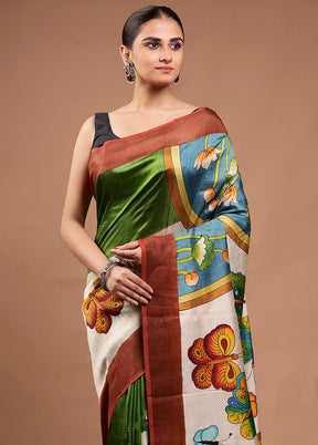 Green Printed Pure Silk Saree Without Blouse Piece