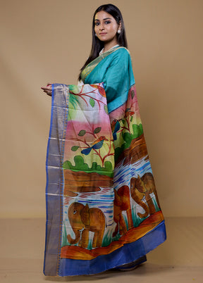 Blue Printed Pure Silk Saree Without Blouse Piece