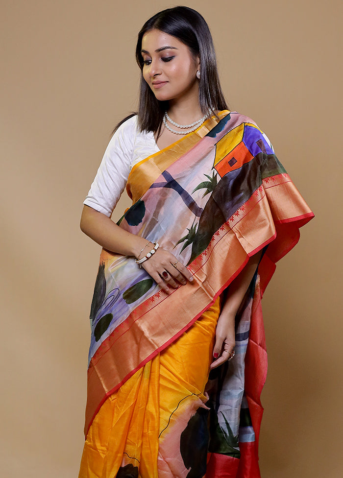 Yellow Printed Pure Silk Saree Without Blouse Piece