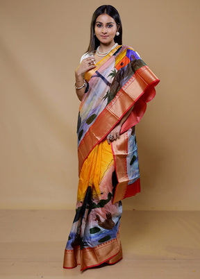 Yellow Printed Pure Silk Saree Without Blouse Piece