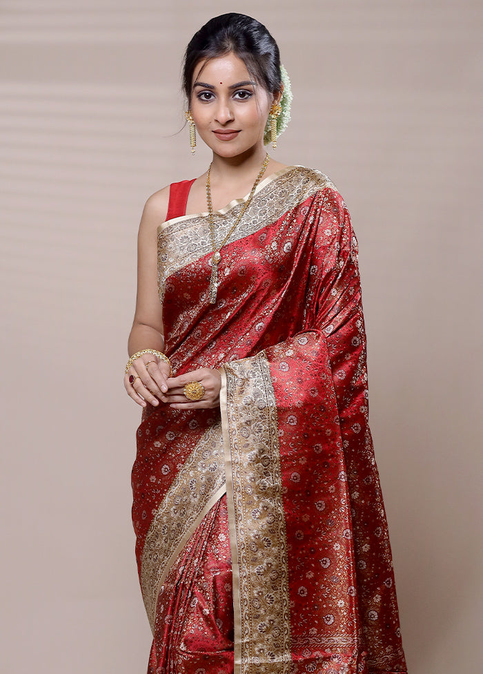 Maroon Handloom Jamewar Pure Silk Saree With Blouse Piece