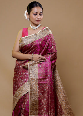 Pink Handloom Jamewar Pure Silk Saree With Blouse Piece