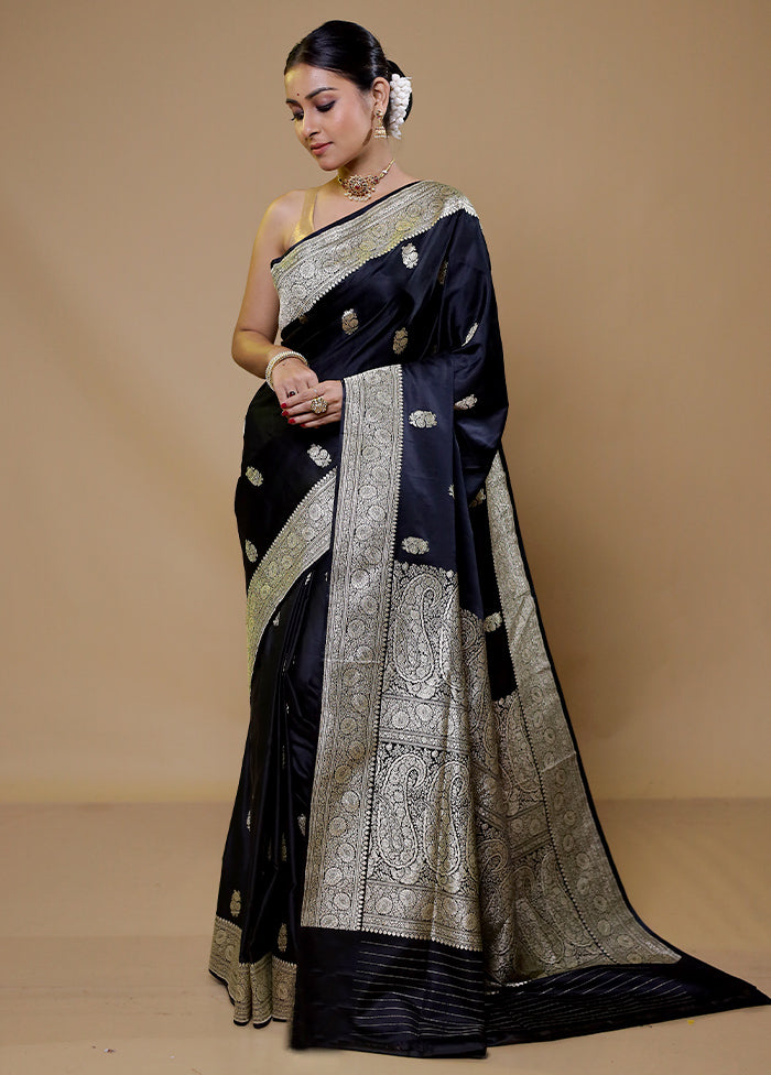 Black Handloom Banarasi Pure Silk Saree With Blouse Piece