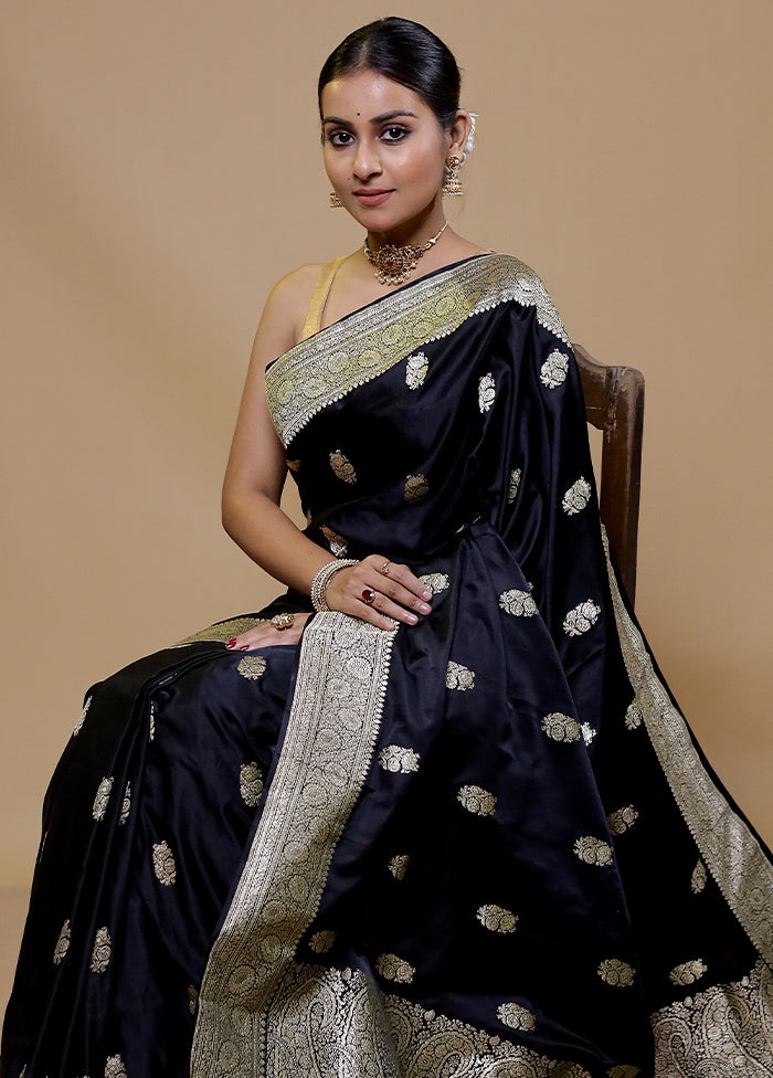 Black Handloom Banarasi Pure Silk Saree With Blouse Piece