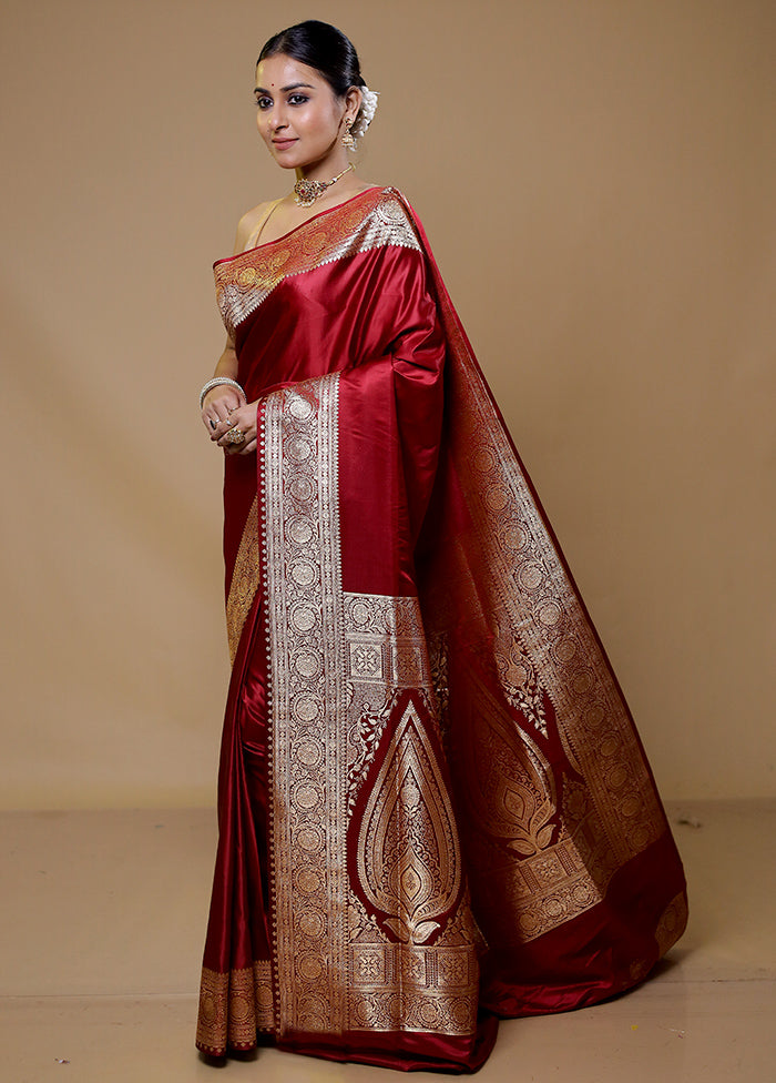 Maroon Banarasi Silk Saree With Blouse Piece