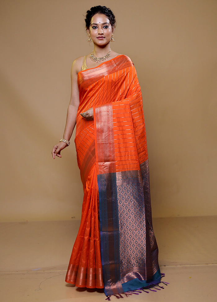 Orange Kanjivaram Silk Saree With Blouse Piece