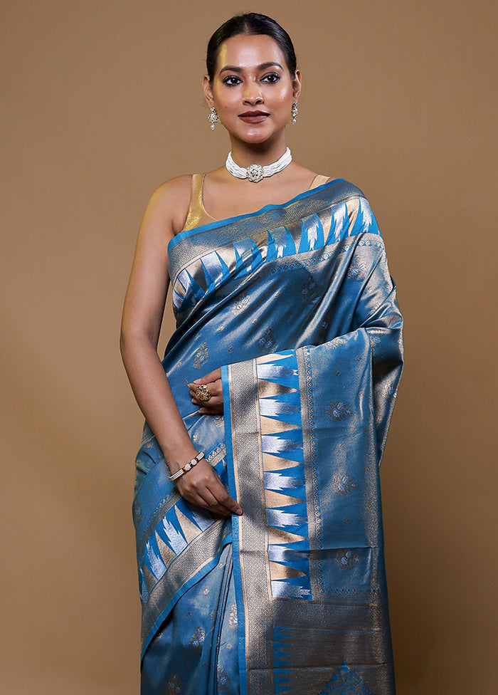 Blue Tissue Silk Saree With Blouse Piece