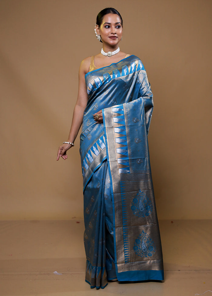 Blue Tissue Silk Saree With Blouse Piece