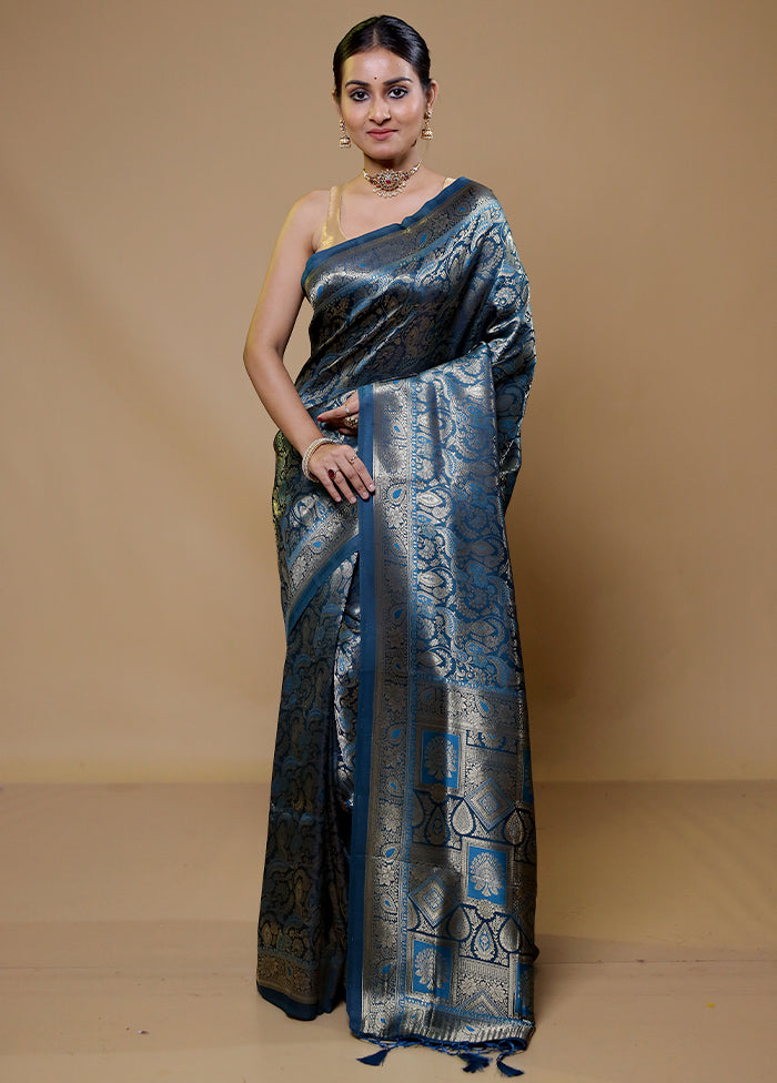 Blue Dupion Silk Saree With Blouse Piece