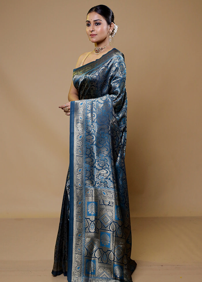 Blue Dupion Silk Saree With Blouse Piece