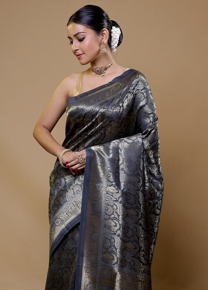 Grey Dupion Silk Saree With Blouse Piece